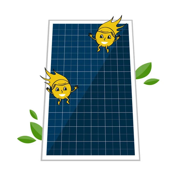 Sollar batter and two cute sun beam characters. Solar energy and power concept to save the environment. Alternative renewable energy source, electricity technology — Stock Vector
