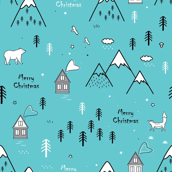 Padrão desenhado à mão de inverno sem costura com neve, árvores, casas, raposas e criança. Paisagem fundo ornamental. Ilustração vetorial — Vetor de Stock