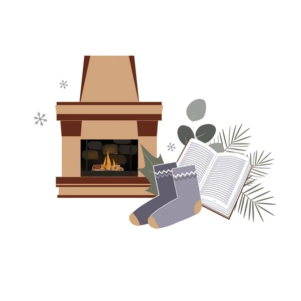 Time to Hygge, minimailstic vector composition. Cozy home things like fireplace, book, warm socks, and christmas tree branches. Danish living concept. Card or sticker template — Stock Vector