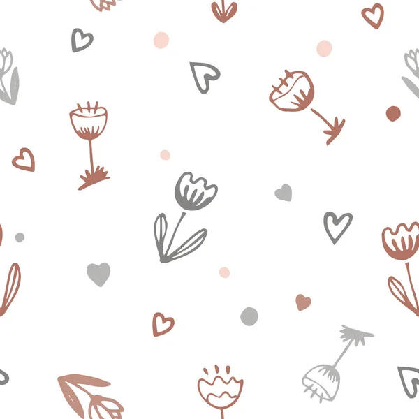 Doodle karikatür çiçekler ve kalpler ile Vektör sevimli romantik sorunsuz desen. Çocuklar veya kızlar trendy arka plan — Stok Vektör