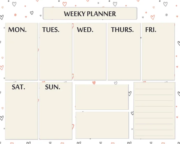 Planificador semanal. Linda página para los planes y notas cotidianas. Página vectorial con corazones de garabato — Archivo Imágenes Vectoriales
