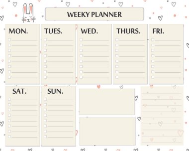 Haftalık planlayıcı sayfa şablonu tasarımı. Günlük planlar ve notlar için sevimli sayfa. Doodle kalpleri ve bunnies ile sevimli romantik vektör sayfası
