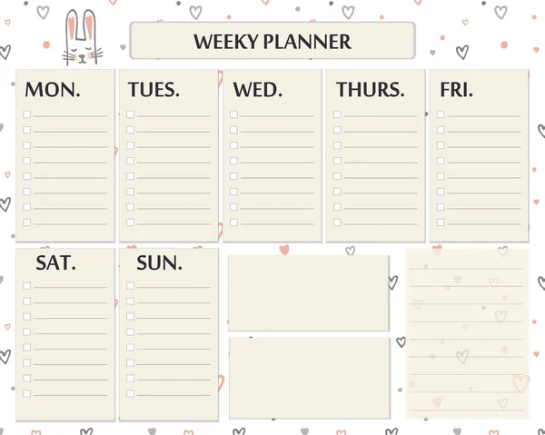 Haftalık planlayıcı sayfa şablonu tasarımı. Günlük planlar ve notlar için sevimli sayfa. Doodle kalpleri ve bunnies ile sevimli romantik vektör sayfası — Stok Vektör