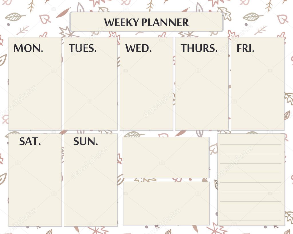 Weekly planner page template design for autumn time. Cute page for everyday plans and notes with doodle autumn leaves