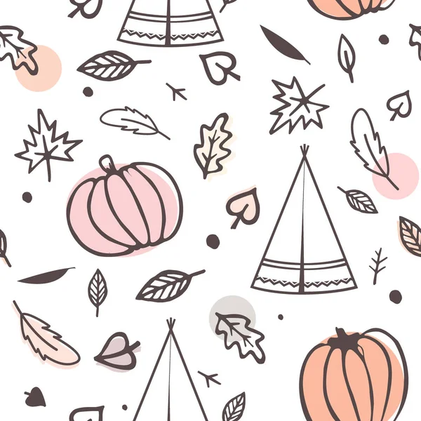 Erntedankfest nahtlos mit Indianerzelten, Herbstblättern und Kürbissen. Doodle Vektor Ornament isoliert auf weißem Hintergrund — Stockvektor