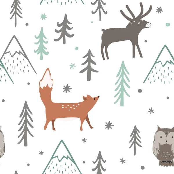 Naadloze Kerst patroon met bos bomen, bergen, Vos, uil en herten. Happy New Year achtergrond. Xmas vector ontwerp voor de winter vakantie. — Stockvector