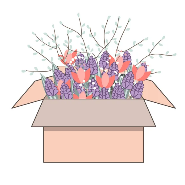 Τουλίπες λουλούδια στο χαρτοκιβώτιο. Μπουκέτο από ελατήρια ζουμπούλια και τουλίπες, διανυσματική ψευδαίσθηση — Διανυσματικό Αρχείο
