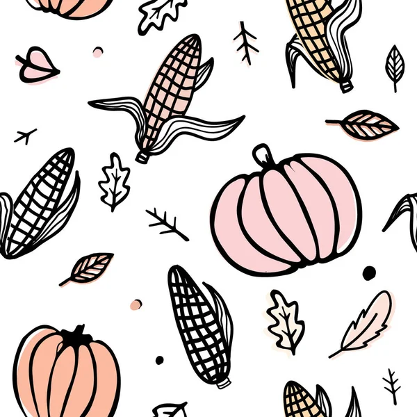 Mısır koçanları, kabaklar ve sonbahar yaprakları ile Şükran günü sorunsuz desen. Beyaz arka planda izole edilmiş doodle vektör süsü