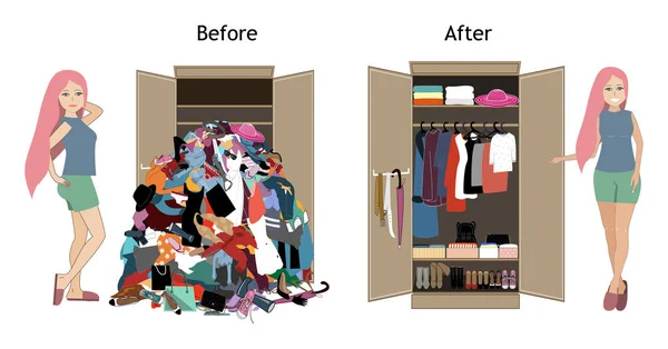 Before untidy and after tidy wardrobe with a girl. A lot of cheap, unfashionable, old messy clothes thrown out of closet and nicely arranged clothes in piles and boxes after the organization — Stock Vector