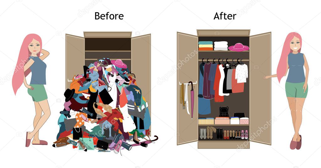 Before untidy and after tidy wardrobe with a girl. A lot of cheap, unfashionable, old messy clothes thrown out of closet and nicely arranged clothes in piles and boxes after the organization