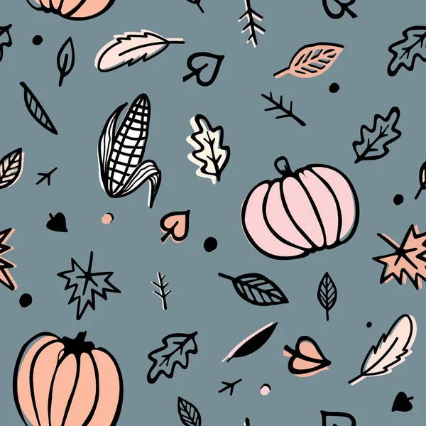 Patrón sin costuras del día de Acción de Gracias con mazorcas de maíz, calabazas y hojas de otoño. Adorno vectorial Doodle aislado sobre fondo gris — Vector de stock