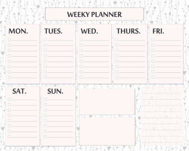 Haftalık planlayıcı sayfa şablonu tasarımı. Günlük planlar ve notlar için sevimli sayfa. Doodle kalp bitkileri ile sevimli romantik vektör sayfası.