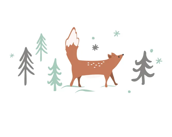 Fond de carte de Noël avec fond de forêt d'hiver. Mignon renard, arbres et flocons de neige. Illustration vectorielle — Image vectorielle