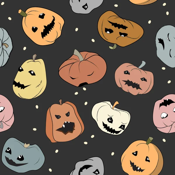Patrón divertido de Halloween sin costuras con personajes de calabazas. Diferentes personajes, colores, formas y emociones. Ilustración vectorial — Archivo Imágenes Vectoriales