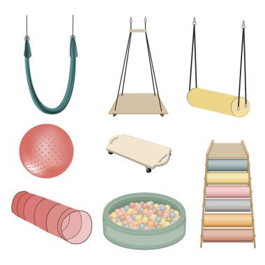 Çocuklar için ekipman oyun, ergoterapi, ve duyu salonları. Vektör seti. Hamak, salıncaklar, silindir kaydırağı, fitball, scooter tahtası, top havuzu ve tekstil tüneli