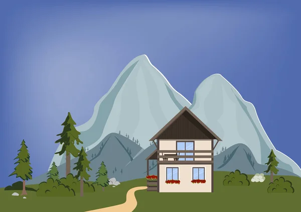 Gunung lansekap dengan rumah dan pohon. Latar belakang negara musim panas. Vektor ilustrasi. Kehidupan liar - Stok Vektor