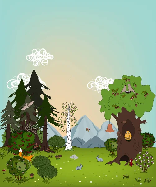 Paisagem de verão dos desenhos animados com árvores, prados e montanhas. Lindo gramado na madeira, crianças vetor fundo . —  Vetores de Stock