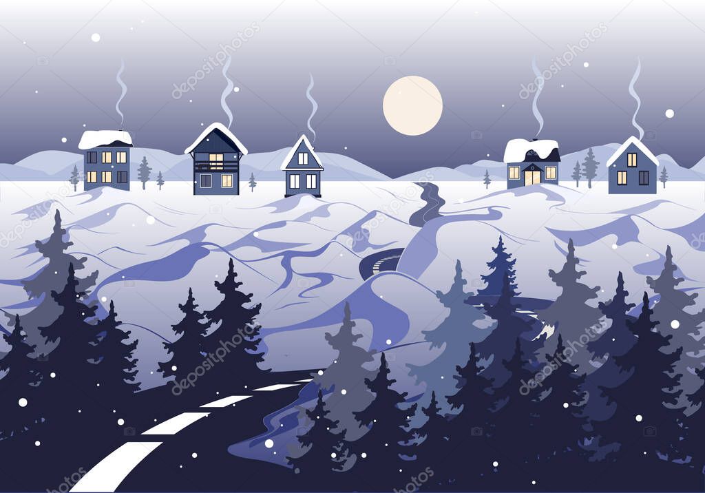 Winter landscape with road, houses and trees. Village with full moon. Happy new year and Merry Christmas card. Vector illustration