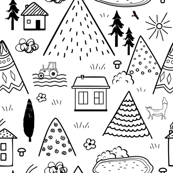 Kézzel rajzolt törzsi zökkenőmentes minta rajzfilm házak, fák és hegyek. Kreatív etnikai skandináv erdészeti háttér. Absztrakt vonalrajz. Vektorillusztráció — Stock Vector