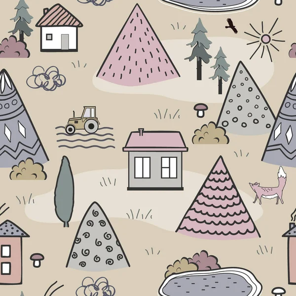 Cute doodle seamless pattern with cartoon houses, trees and mountains. Design for kids textile, floor mats, or wallpapers. Autumn line art landscape. Vector illustration — ストックベクタ