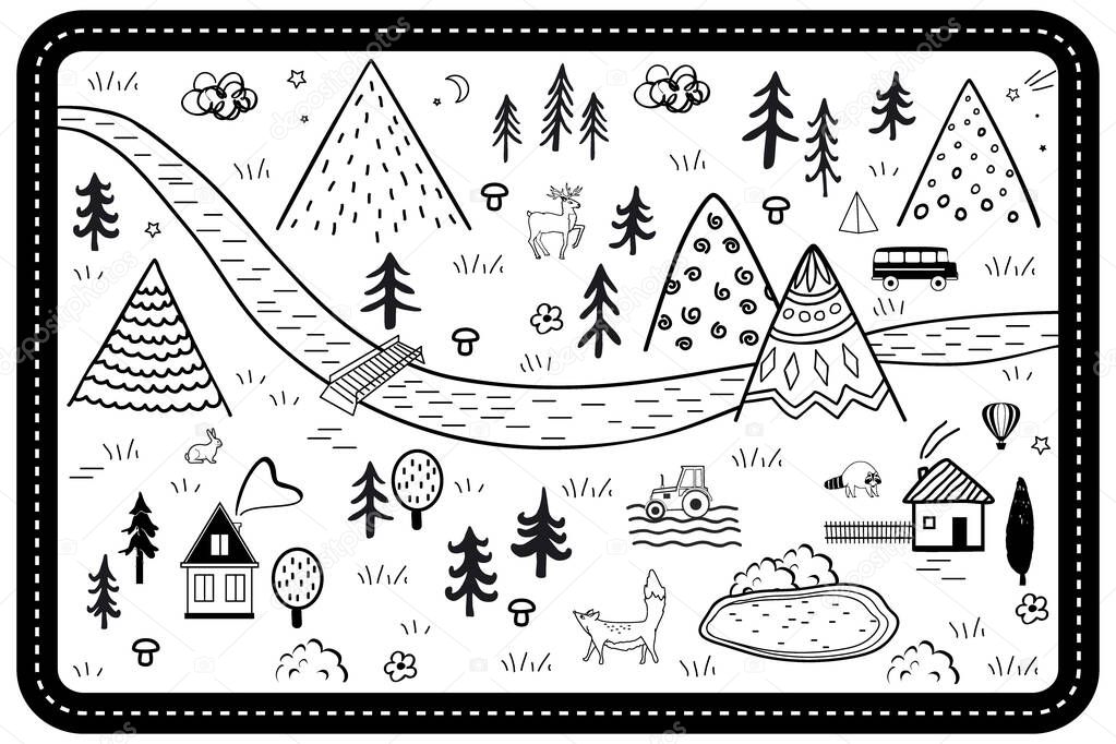 Cute Hand Drawn Scandinavian Vector Seamless pattern with houses, animals, trees, and mountains. Outline nature landscape. Perfect for kids road mats, textile, wallpaper, or door mat