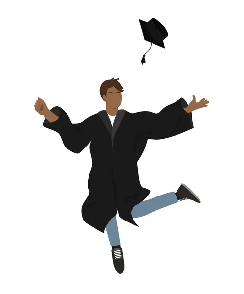 Joven estudiante graduado en vestido de graduación saltando y lanzando el mortero alto en el aire. Ilustración vectorial plana — Archivo Imágenes Vectoriales