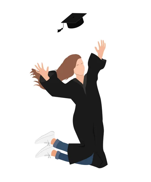 Junge Doktorandin im Abschlussdress springt und wirft das Mörtelbrett hoch in die Luft. Flache Vektorabbildung — Stockvektor