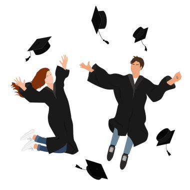 Mezuniyet cüppeli genç öğrenci kız ve erkek havan topunu havaya fırlatıyorlar. Düz vektör çizimi beyaz üzerine izole edildi