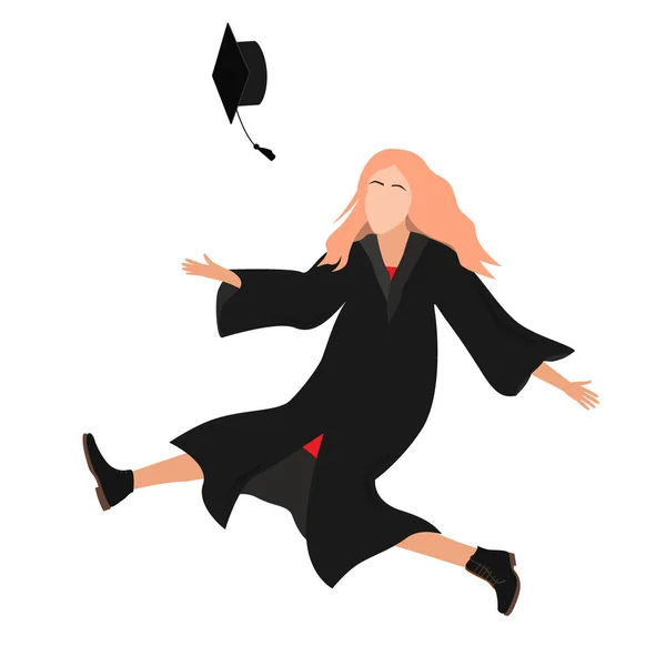 Mladá postgraduální studentka v maturitních šatech vyskočila a hodila minometnou desku vysoko do vzduchu. Plochá vektorová ilustrace — Stockový vektor