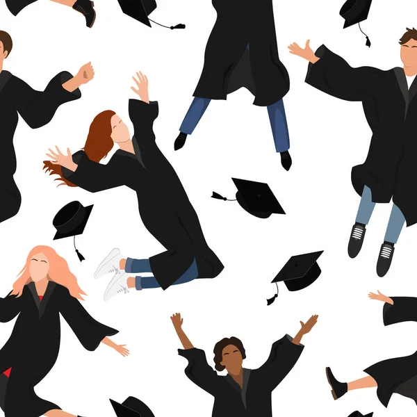 Seamless pattern with young graduate students in graduation clothing jumping and throwing the mortarboard high into the air. Flat vector illustration isolated on white — Stock Vector