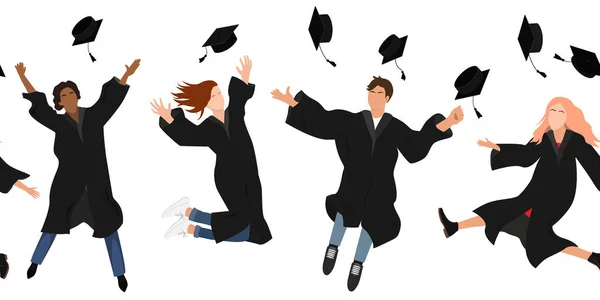 无边的边界上，快乐的研究生穿着毕业典礼的衣服跳起来，把死亡板高抛向空中。白色上孤立的平面矢量模式. — 图库矢量图片