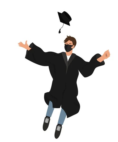 Estudante de pós-graduação feliz em máscara médica e roupas de graduação pulando e jogando o morteiro no ar. Padrão de ilustração vetorial plana isolado em branco —  Vetores de Stock