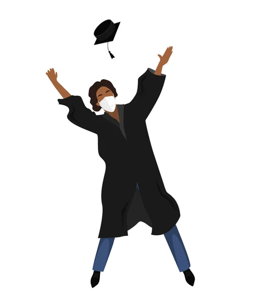 Happy graduate student in medical mask and graduation clothing jumping and throwing the mortarboard high into the air. Flat vector illustration pattern isolated on white — Stock Vector