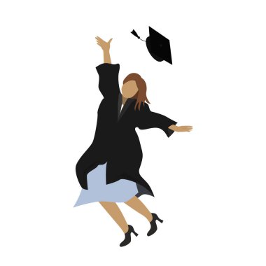 Mezuniyet elbisesiyle atlayan ve havan panosunu havaya fırlatan genç bir öğrenci. Düz vektör çizimi beyaz üzerine izole edildi