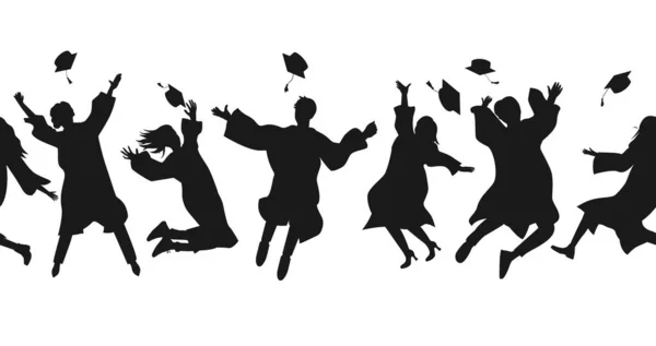 Frontera sin fisuras con estudiantes graduados en ropa de graduación saltando y lanzando el mortero al aire. Patrón plano de ilustración vectorial aislado en blanco — Archivo Imágenes Vectoriales