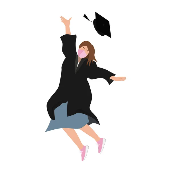 Jovem 20202 menina estudante de pós-graduação em máscara médica e vestido de formatura pulando e jogando o morteiro alto no ar. Ilustração vetorial plana isolada sobre branco — Vetor de Stock
