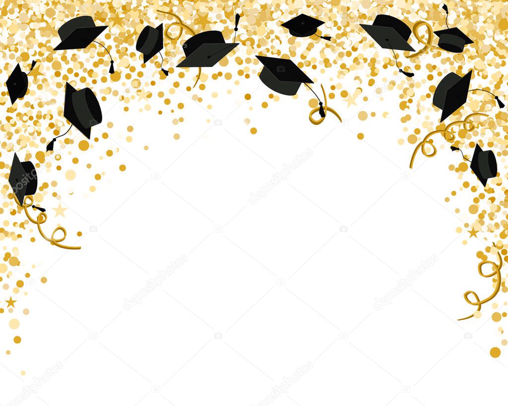 Graduation Class Ceremony of 2020 greeting cards set with gold confetti. Vector grad party invitation poster