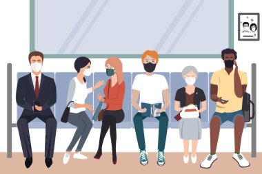 Metroda oturan koruyucu tıbbi maskeler takan insanlar. COVID-19 virüs önleme, insanlar enfeksiyon riski için sosyal mesafeler. Vektör illüstrasyonu