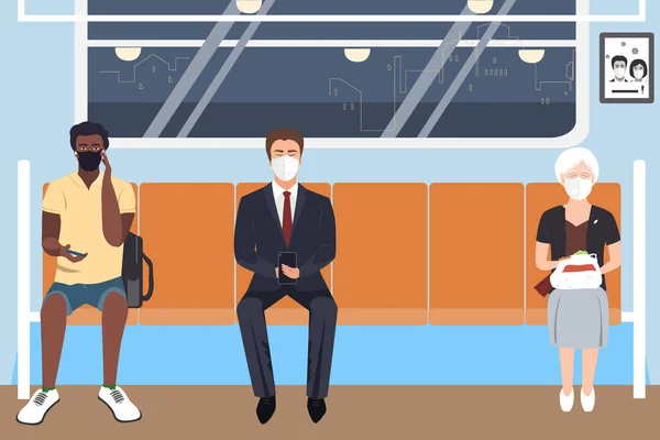 Gente con máscaras médicas protectoras sentada en el metro. Prevención del virus COVID-19, distanciamiento social de las personas por riesgo de infección. Ilustración vectorial — Archivo Imágenes Vectoriales