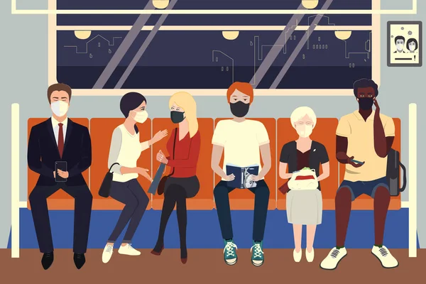 Gente con máscaras médicas protectoras sentada en el metro. Prevención del virus COVID-19, distanciamiento social de las personas por riesgo de infección. Ilustración vectorial — Vector de stock