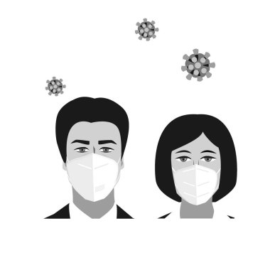 İnsan kadın ve erkek tıbbi maskelerle karşı karşıya. Halka açık yerler için Coronavirus önleme ikonu. Vektör illüstrasyonu beyaz arkaplanda izole edildi
