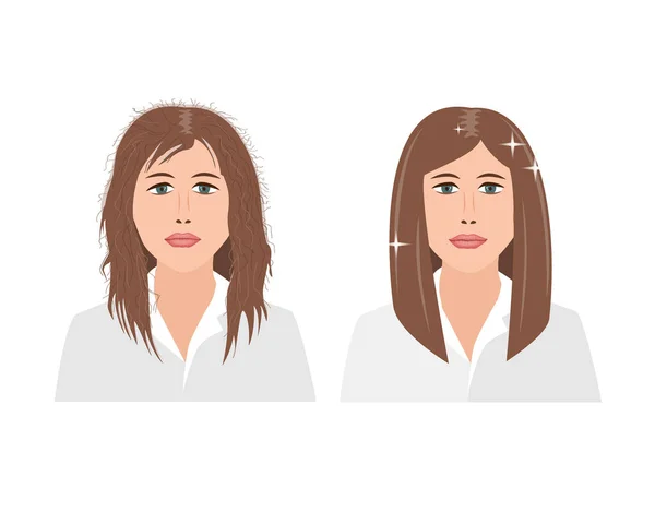 Retrato de mujer joven disgustada con el cabello dañado y esponjoso antes de un tratamiento después de alisar la queratina. Ilustración vectorial — Vector de stock