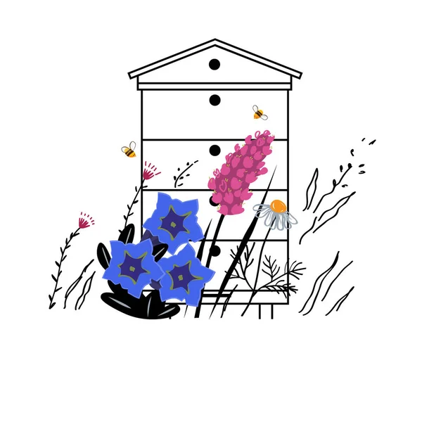 Montaña flores vector dibujo ilustración. Concepto de miel de prado alpino con colmena en verano. Concepto Apiario. Hermosas flores y abejas ocupadas  . — Vector de stock