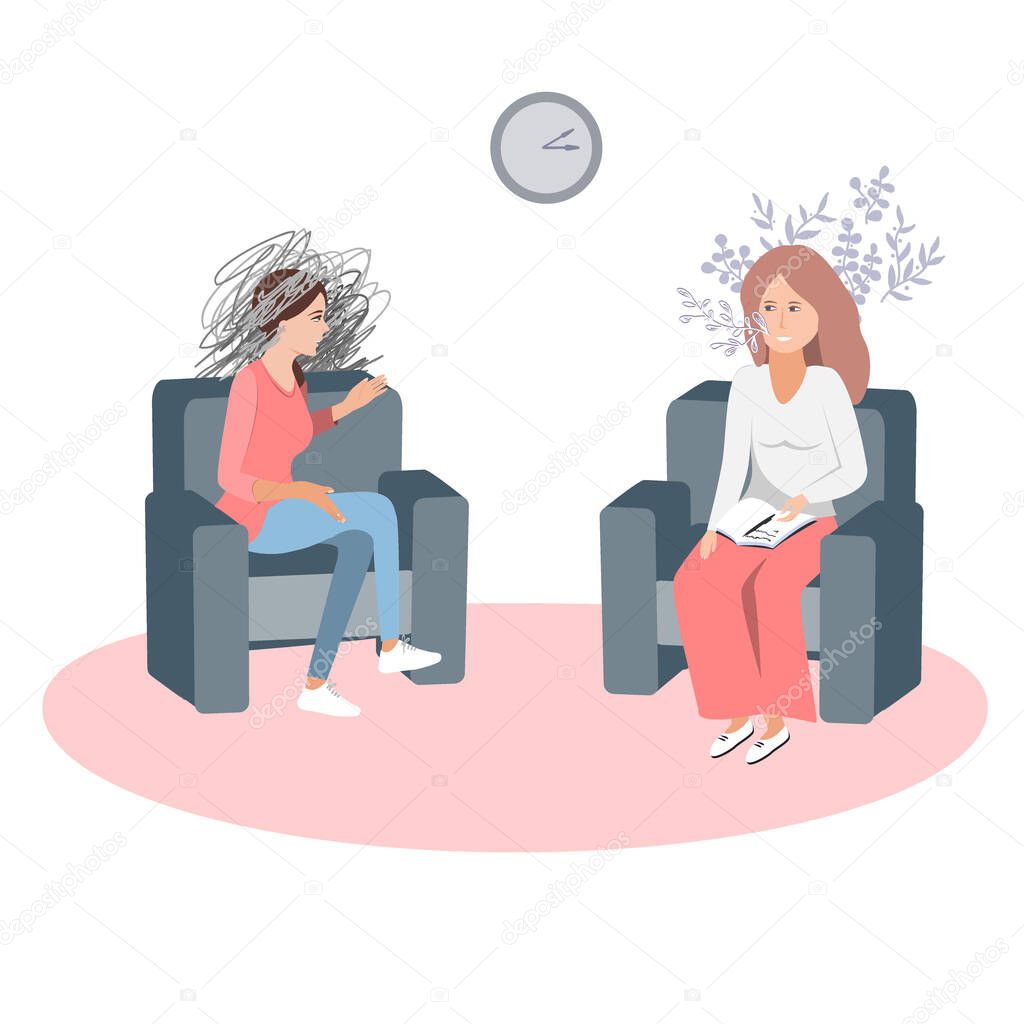 Gestalt psychotherapy session vector illustration. Woman psychologist and talking woman patient. Work with feelings and emotions, society psychiatry concept