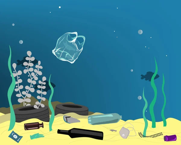 Polusi plastik menggambarkan sampah di bawah laut. Berbagai jenis sampah, tas, limbah, botol plastik, dan peralatan plastik di laut. Ilustrasi vektor - Stok Vektor