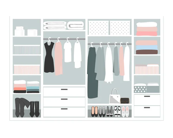 Система хранения гардероба в современном стиле. Элемент интерьера гардеробной, плоская векторная иллюстрация. Шкаф с женщиной закрывается — стоковый вектор