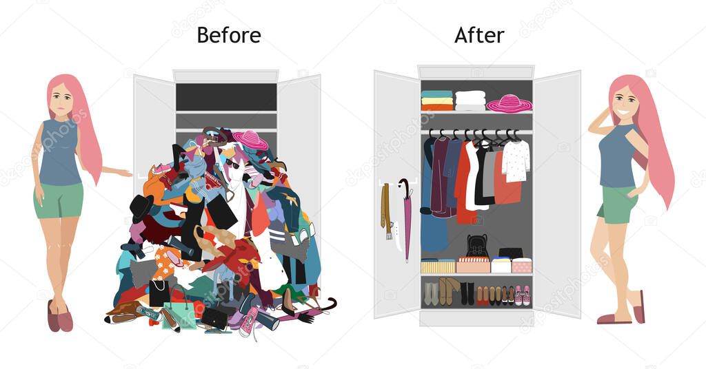 Untidy and after tidy wardrobe with a girl. A lot of cheap, unfashionable, old messy clothes thrown out of closet and nicely arranged clothes in piles and boxes after the organization