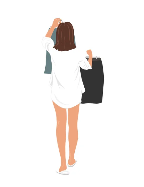 Jovem mulher bonita selecionando roupas para vestir para o trabalho de escritório. Menina segurando duas saias em um cabides e escolher o que vestir. Conceito de vida diária, ilustração vetorial — Vetor de Stock