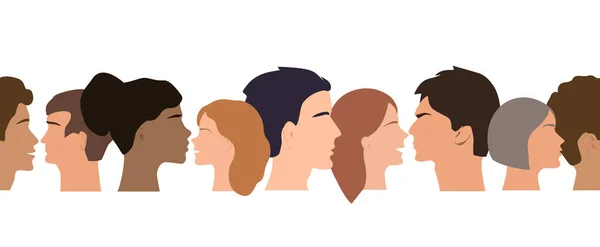 Płynny wzorzec graniczny głów profili różnych osób. Ludzie różnej płci, pochodzenia etnicznego i koloru. Tło wektorowe — Wektor stockowy