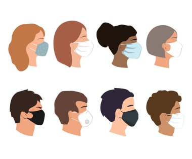 İnsanlar tıbbi maske takıyor. Coronavirus önleme konsepti. Farklı cinsiyet, etnik köken ve kadın ve erkek siluetleri inceliyor. Vektör illüstrasyonu